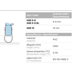 Specyfikacja parametry uszczelki ABE - material PVC dlugosc 2500mm grubosc szkla 6-8mm i 10mm