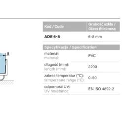 Specyfikacja parametry uszczelki ADE 6-8 - material PVC dlugosc 2200mm grubosc szkla 6-8mm