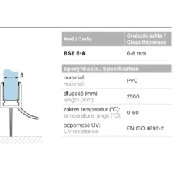 Specyfikacja parametry uszczelki BSE 6-8 - material PVC dlugosc 2500mm grubosc szkla 6-8mm