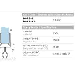 Specyfikacja parametry uszczelki DOE 6-8 - material PVC dlugosc 2500mm grubosc szkla 6-8mm