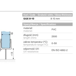 Specyfikacja parametry uszczelki GGE 8-10 - material PVC dlugosc 2500mm grubosc szkla 8-10mm