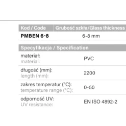 Specyfikacja parametry uszczelki magnetycznej PMBEN 6-8 - material PVC dlugosc 2200mm grubosc szkla 6-8mm