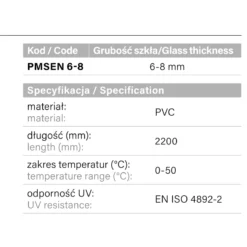 Specyfikacja parametry uszczelki magnetycznej PMSEN 6-8 - material PVC dlugosc 2200mm grubosc szkla 6-8mm