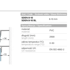 Specyfikacja parametry uszczelki SDEN 8-10 - material PVC dlugosc 2500mm grubosc szkla 8-10mm