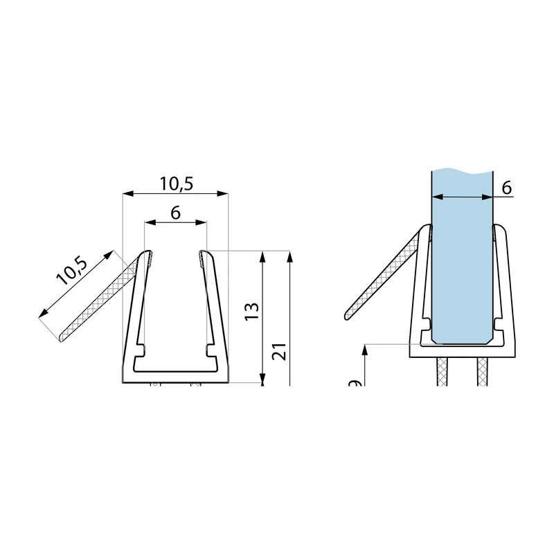 Schemat techniczny uszczelki WBE 6-8 do kabin prysznicowych - przekroj z wymiarami